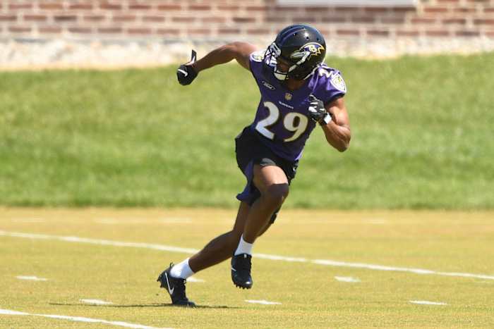 May 15, 2021; Baltimore, Maryland, USA; Shaun Wade #29 of the Baltimore Ravens runs drills during rookie Camp. Mandatory Credit: Mitchell Layton-USA TODAY Sports
